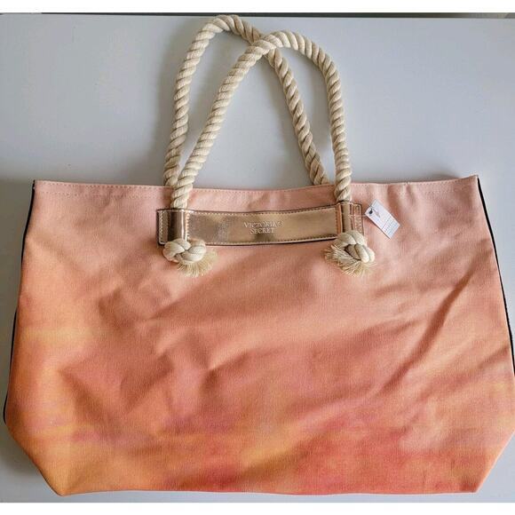 Victoria's Secret Beach Bag‎ Shoulder Tote Rope Handles Peach Ombre Sun Drenched - Picture 1 of 11